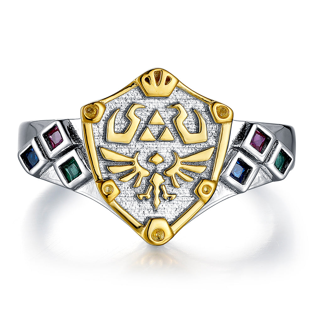 Zelda Hylian Shield Zora's Sapphire Kokiri's Emerald Goron's Ruby Sterling 925 Silver Ring
