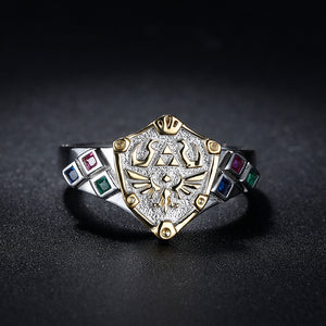Zelda Hylian Shield Zora's Sapphire Kokiri's Emerald Goron's Ruby Sterling 925 Silver Ring